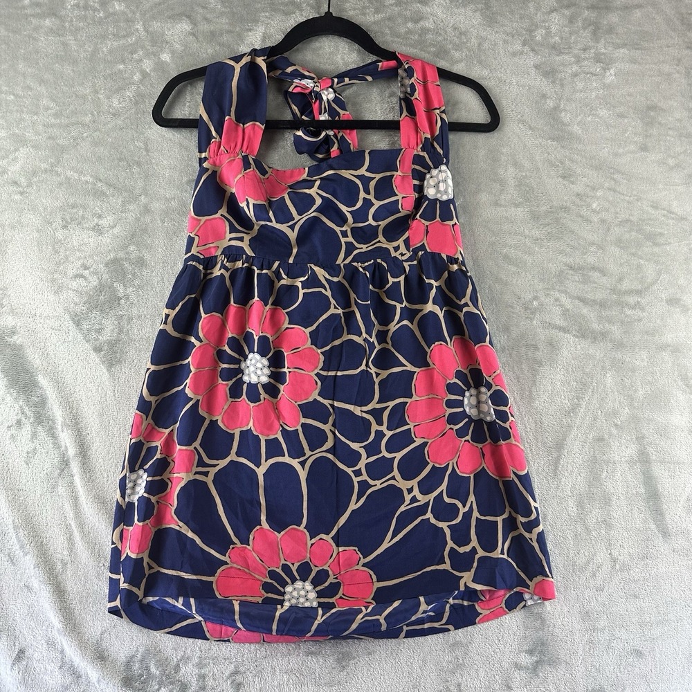 Anthropologie Tabitha Halter Top Women's 8 Navy Blue Pink Floral Silk Sleeveless